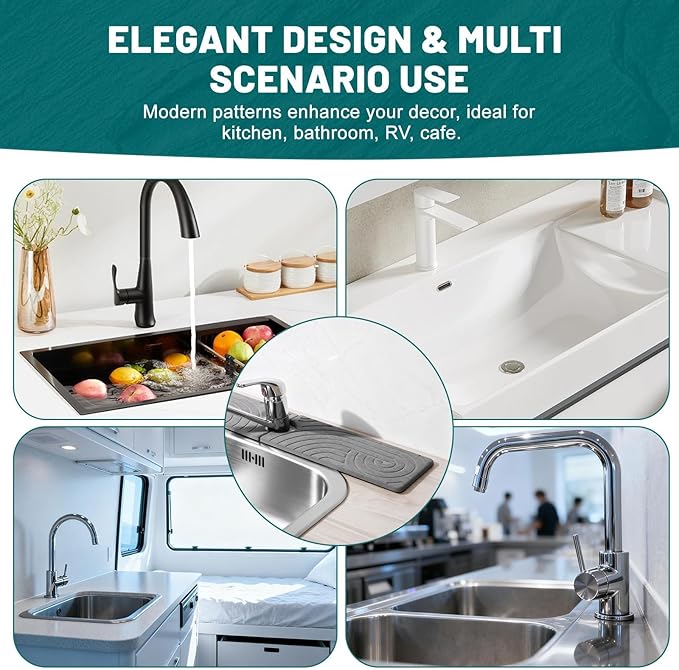 Hopegiver Stone Faucet Mat for Kitchen Sink - Fast Drying Diatomite Sink Protector Prevent Moisture, Super Water Absorbing Stone Tray for Kitchen & Bathroom Counter (Gray Line, 23.6"x5.1")