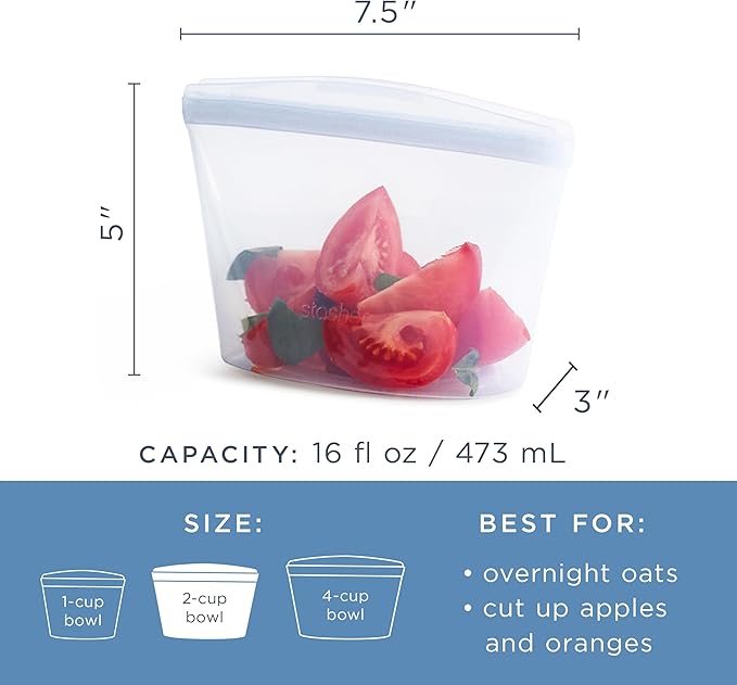 Stasher Silicone Reusable Storage Bag, 2-Cup Bowl, Reusable Freezer Bag, Microwave, Dishwasher, Oven Safe, Sous Vide, Lunch Container, Eco Friendly, Food Storage Bag, Snack Bag, 16 oz, Deep Ocean | Reusable Food Bag