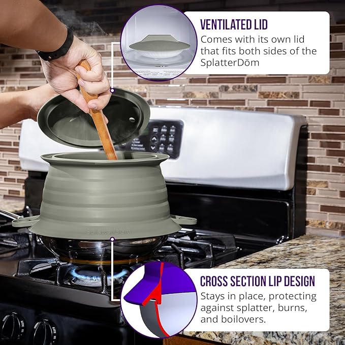 L.I.Q Silicone Splatter Guard – Fits 10 and 12 Inch Pots (25 and 30 Centimeters) – Microwave Safe and Durable SplatterDom - Includes 10” Lid - Food and Oil Splash Guard (Smoke, Large)