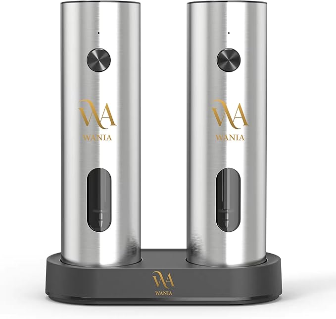 WANIA Electric Salt and Pepper Grinder Set - USB Rechargeable Base, Adjustable Coarseness, LED Light, Automatic One-Hand Operation, Stainless Steel Refillable Mills for Kitchen, BBQ & Gift