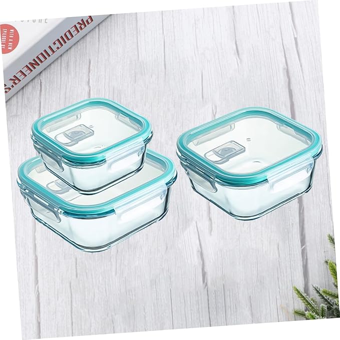 PRETYZOOM 3Pcs Convenient Sky-blue Glass Bowl with Hidden Vent Heat-resistant and Safe for Microwave Use Practical Household Food Storage Containers in Multiple