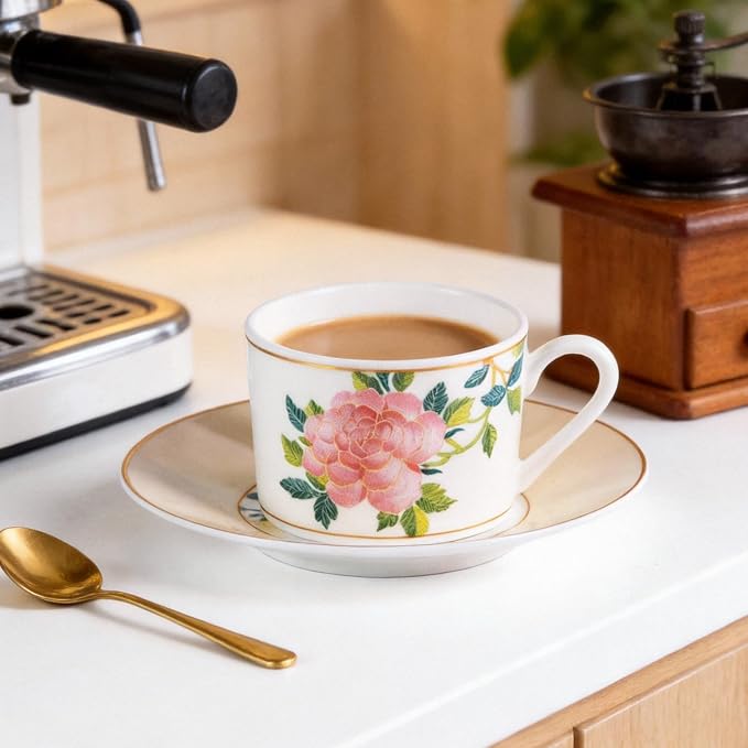 KAMMAK Tea Cups and Saucers Set of 2, Porcelain Coffee Cups, Stackable Espresso Mugs, Ceramic Demitasse for Coffee, Cappuccino, Latte, Americano, Tea, Embroidered Peony