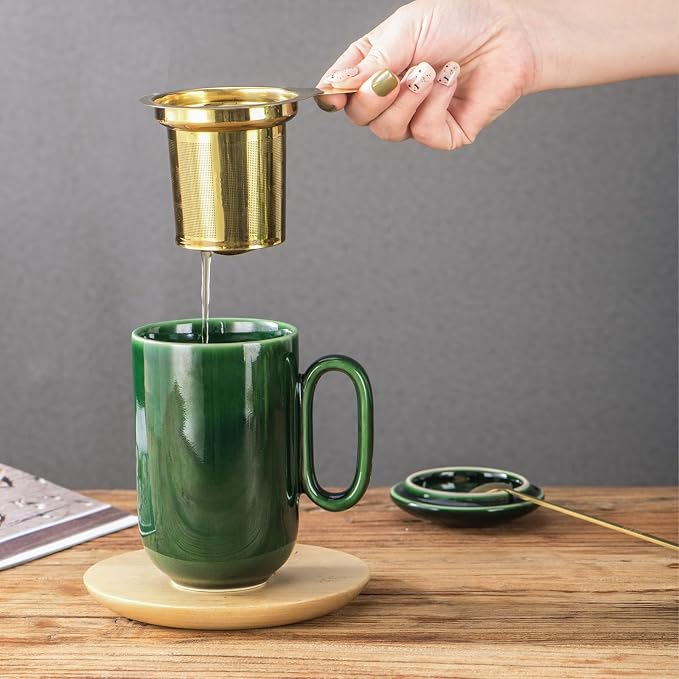 vicrays Ceramic Tea Mug Infuser - Large Cup 16 oz Hot Loose Steeping Handle Teacup with Leaf Infuser Spoon Lid - Tall Glazed Strainer Coffee Mug Microwave Safe - Green