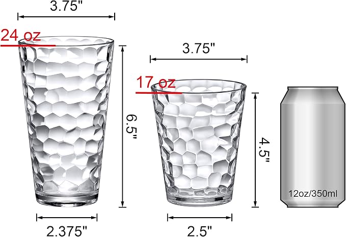 Amazing Abby - Iceberg - 16-Ounce and 24-Ounce Plastic Tumblers (Set of 12), Plastic Drinking Glasses, All-Clear Reusable Cups, Stackable, BPA-Free, Shatter-Proof, Dishwasher-Safe
