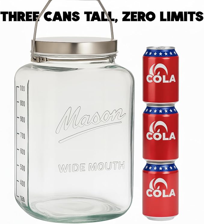 kitchentoolz Large 2 Gallon Glass Mason Jar with Big Airtight Metal Lid and Carry Handle – Wide Mouth Square Container with Measurements for Dry Goods, Bulk Storage, and Food Prep