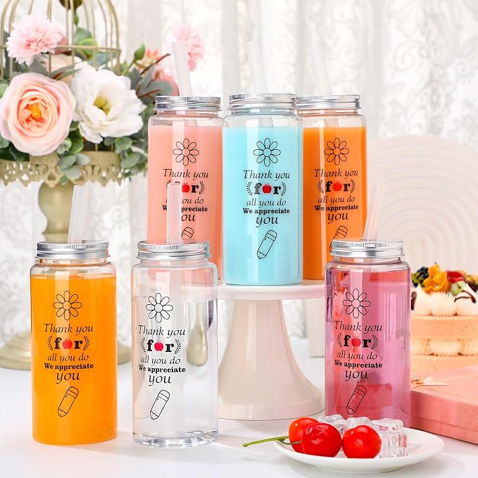 Skylety 24 Pcs Teacher Cups Bulk, Back to School Gifts 14 oz Reusable Plastic Cup with Lids and Straws We Appreciate All That You Do for First Day of School Party