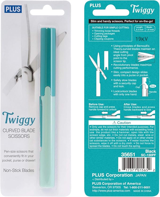 Plus Pen Style Non-Stick Compact TSA Twiggy Scissors with Cover, Turquoise