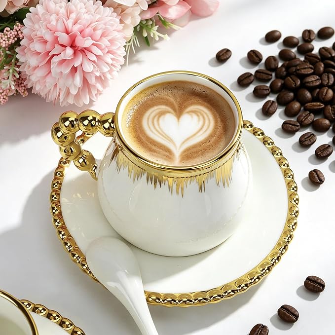 Espresso Cups Set of 4, 8 oz Ceramic Coffee Cup and Saucer Set with Spoons, Gold Trim Coffee Cup Mugs for Latte, Mocha, Tea, Au Lait, Flat White, Dishwasher & Microwave Safe