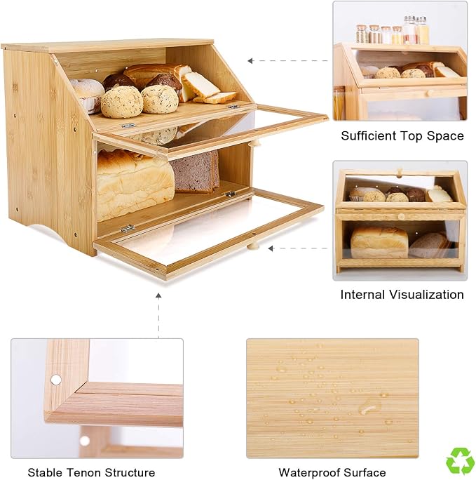 HOMEKOKO Double Layer Large Bread Box for Kitchen Counter, Natural Bamboo | Bread Storage Bin, Wooden, Large Capacity, See Through, Easy Assembly