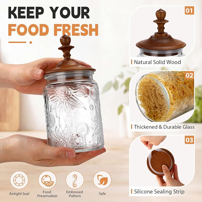 Suclain 6 Pack 24 Oz Vintage Glass Jars with Wooden Crown Lids, Decorative Jars with Graden Pattern, Airtight Glass Food Storage Containers for Tea Coffee Spice Pantry Organization