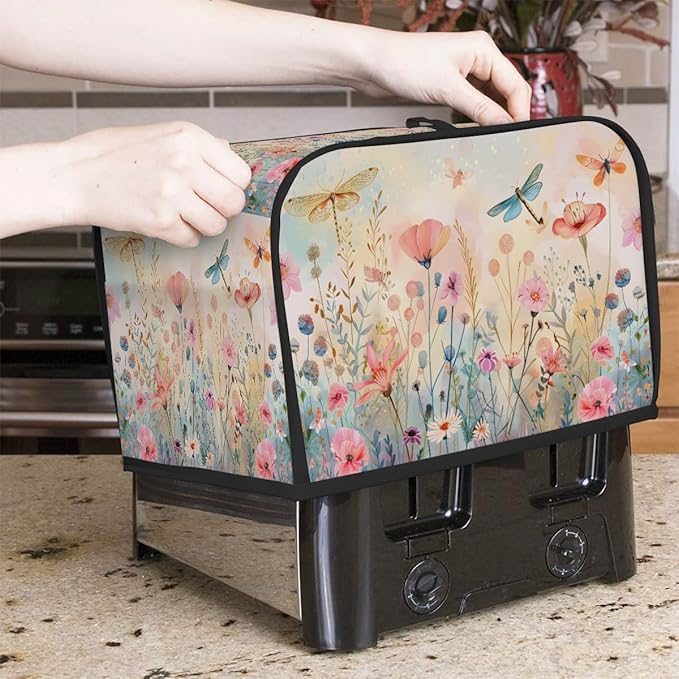 Colored Flower Dragonfly 4 Slice Toaster Cover Dust And Fingerprint Bread Maker Cover Bakeware Protector Washable Appliance Covers Kitchen Accessories For Home Kitchen Women Gift