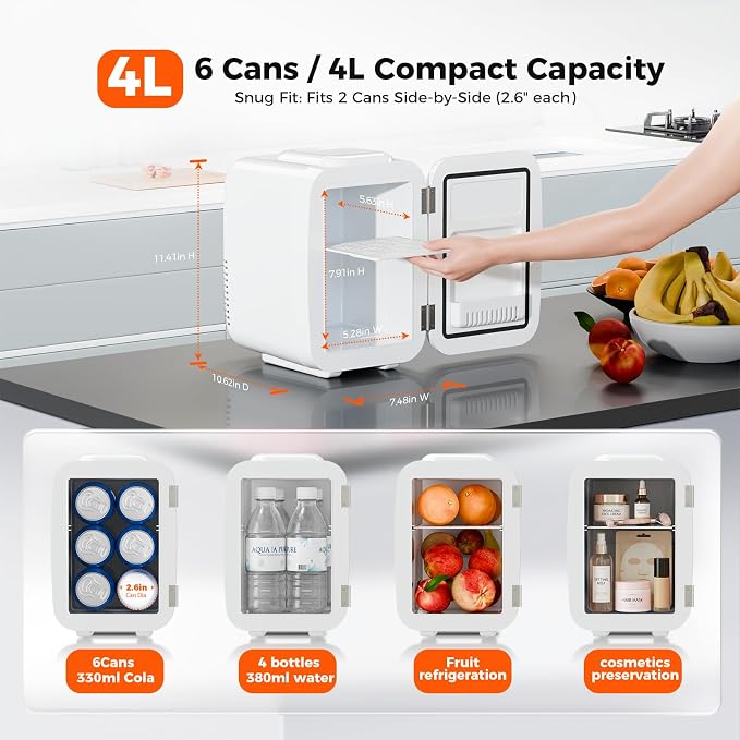 Mini Fridge for Bedroom - 4 Liter/6 Can Mini Makeup Fridge, 110V AC/ 12V DC Portable Thermoelectric Cooler&Warmer for Skincare, Drink, Cosmetic, Medicine, Small fridge for Bedroom, Office, Dorm, Car