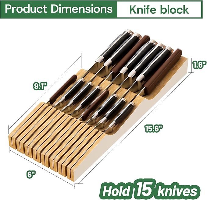 Large Knife Drawer Organizer Insert, Bamboo Wood Knife Holder, Knife Block Hold up To 15 Knives