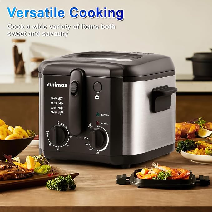 CUSIMAX Electric Deep Fryer for Home Use, 2.5 Liter 1500W Small Deep Fryer with Basket, Adjustable Temperature & Time, Lid with View Window and Odor Free Filter