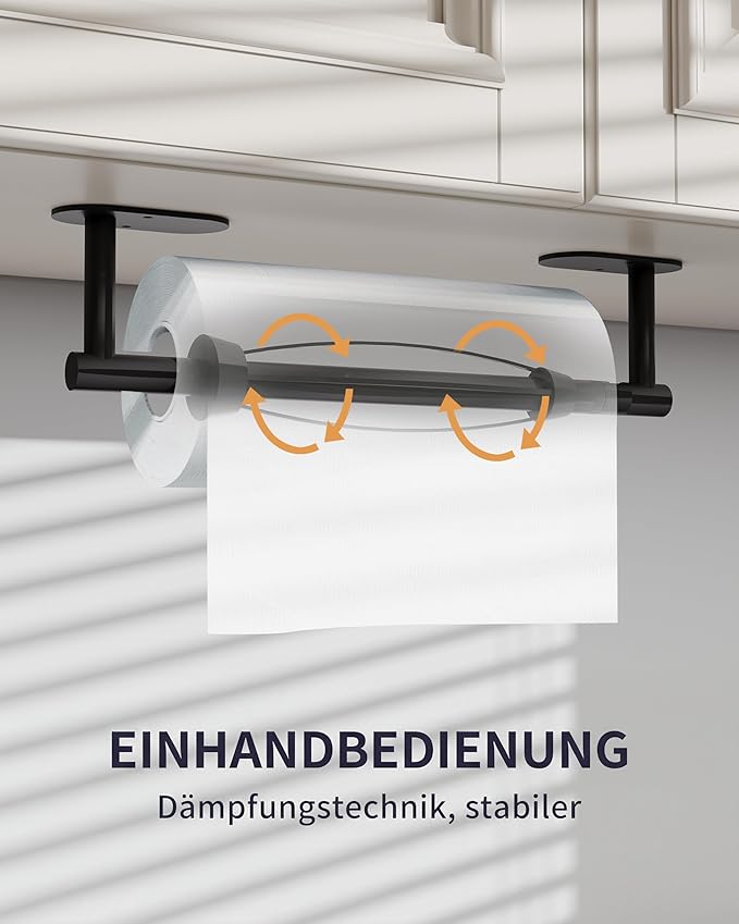 Paper Towel Holder Under Cabinet, Self Adhesive or Wall Mount for Kitchen Bathroom, Stainless Steel Paper Towel Holders with Damping Effect, Single Hand Operable (Matte Black)