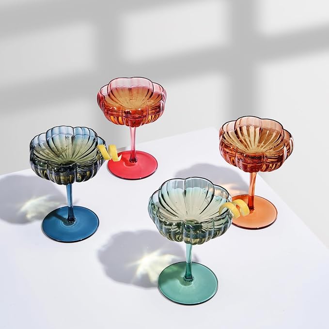 Khen Flower Modern Wavy Glass Coupes Martini, Champagne & Cocktail Coupes - Set of 4-7.7 oz Colorful Cocktail Glasses for Champagne, Prosecco, Mimosa - Copyright Design - Muted Pastel Colors