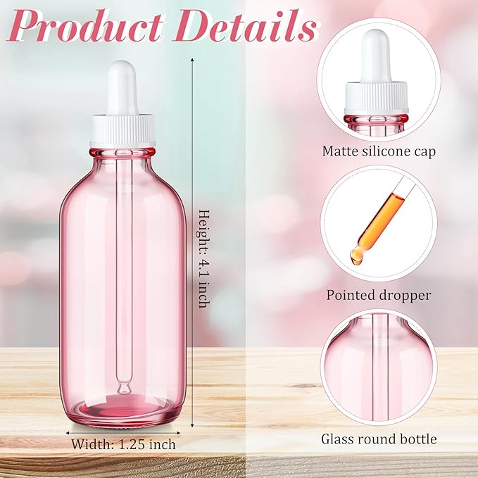 Epakh 50 Pack 4oz Glass Dropper Bottles, Refillable Glass Eye Dropper Bottles with Pipette for Essential Oils, Perfumes, Lab Use, Cuticle Oils, Tinctures, Travel, Home (Pink)