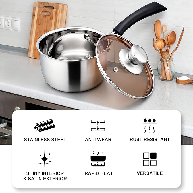 LIANYU 2QT Saucepan with Cooking Utensils, 2 Quart Stainless Steel Sauce Small Pot Soup Milk Pan, Silicone Kitchen Utensils Set with Holder, Dishwasher Safe