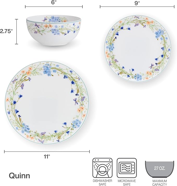 Mikasa Quinn Lightweight Bone China 12 Piece Dinnerware Plate Bowl Set, Service for 4
