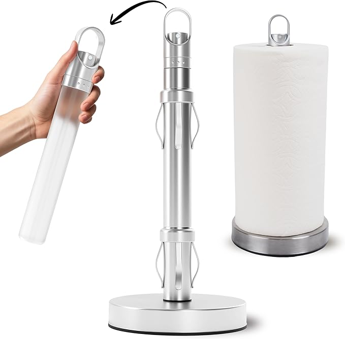 Stainless Steel Paper Towel Holder with Spray Pump – One-Handed Tear, Smart Traction System, 5 oz Sprayer Bottle, Heavy Duty Suction Cups, Weighted Base, Kitchen Towel Dispenser for Countertop Use
