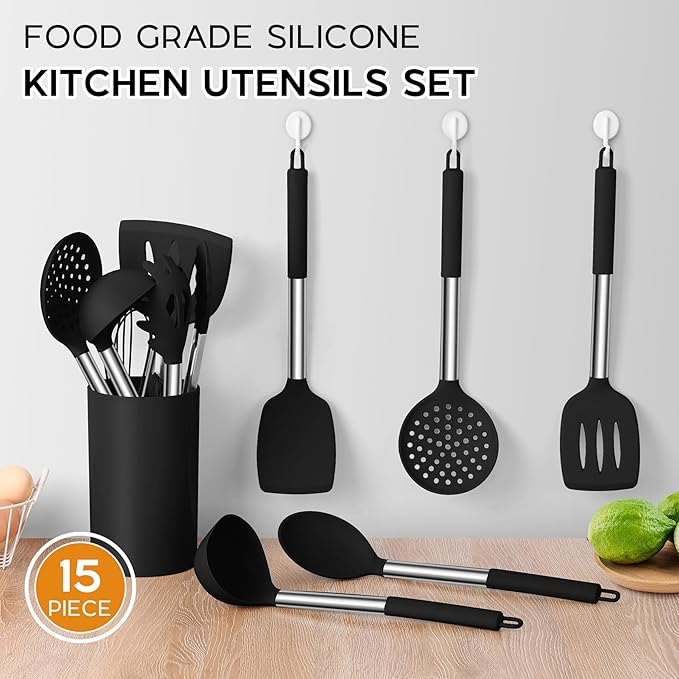 Onader 15 Pcs Silicone Cooking Utensils Set with Holder and Heat Resistant Stainless Steel Handle, with 10 Inch Non-Stick Fluted Tube Pan for Baking Pound Cake, Black