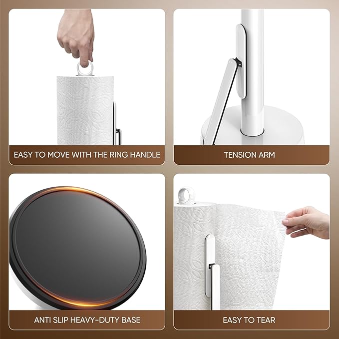 theaoo Heavy-Duty Stainless Steel Paper Towel Holder with Tension Arm – Easy One-Handed Tear, Modern Standing Countertop Dispenser for Kitchen, Holds All Paper Towel Rolls (1, White)