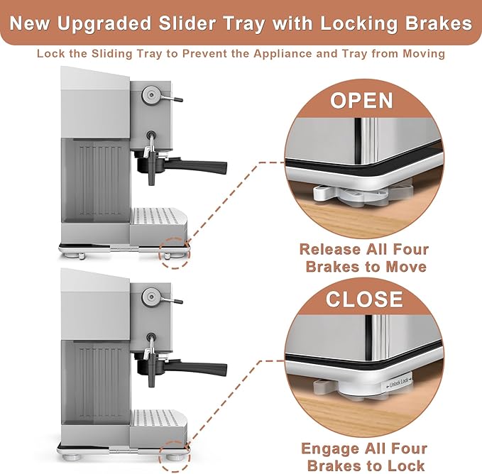 Adjustable Appliance Sliding Tray - Expandable 11" x 11"- 20" x 20" Slider Tray for Kitchen Appliances - 360° Countertop Rolling Tray with Locking Brakes for Coffee Makers