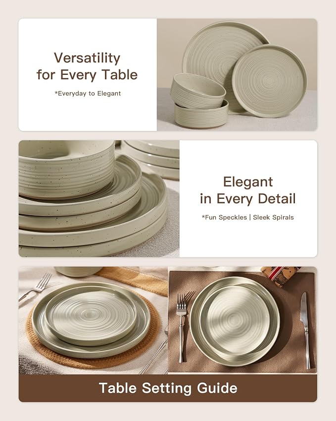Stoneware Dinnerware Sets for 8, 24-Piece High Edge Plates and Bowls with Speckled Glaze & Spiral Design - Chip & Scratch Resistant, Microwave & Dishwasher Safe - Gift Box, Honey