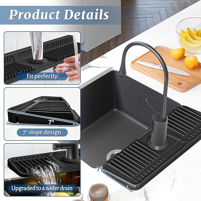 PoYang 14.6 inch Faucet Mat for Kitchen Sink Splash Guard, 7° Slope Silicone Sink Water Splash Guard for Kitchen Sink Area with Snap Button, Small Sink Protectors for kitchen Sink Sponge Holder, Black