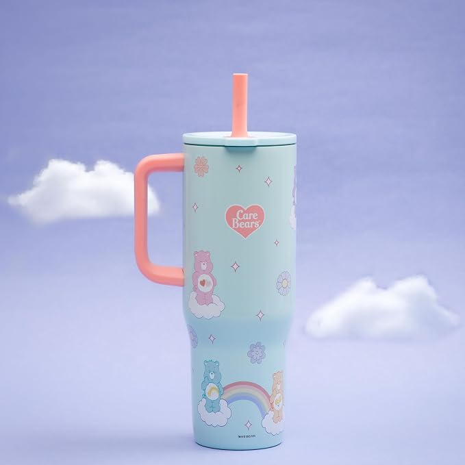 Zak Designs Care Bears Sutton Travel Tumbler for On the Go, 30oz Stainless Steel with Vacuum Insulation, Silicone Straw, and Carry Handle for Cold Drinks (Care Bears)