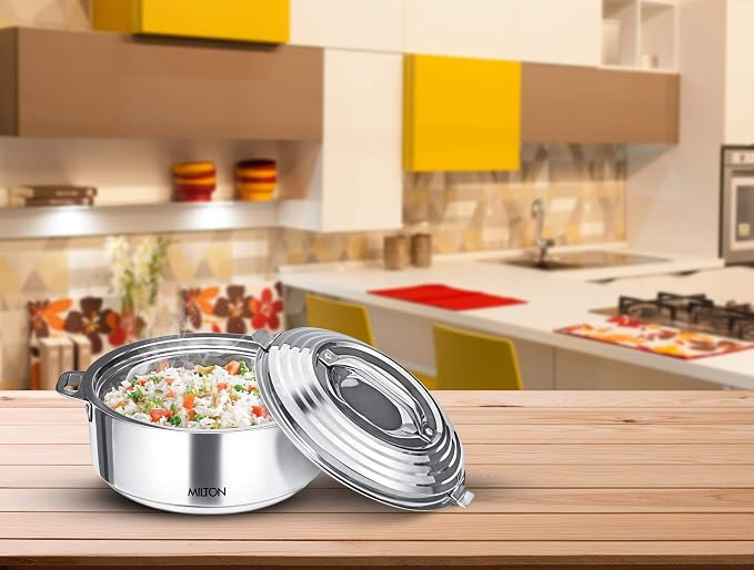 Milton Galaxia 1500 Casserole for hot food, insulated stainless steel hot pot with lid, 50 oz (2000 ml) 1.58 qt, Serving box (bowl, dish) for food and roti Food Warmer Cooler, Silver