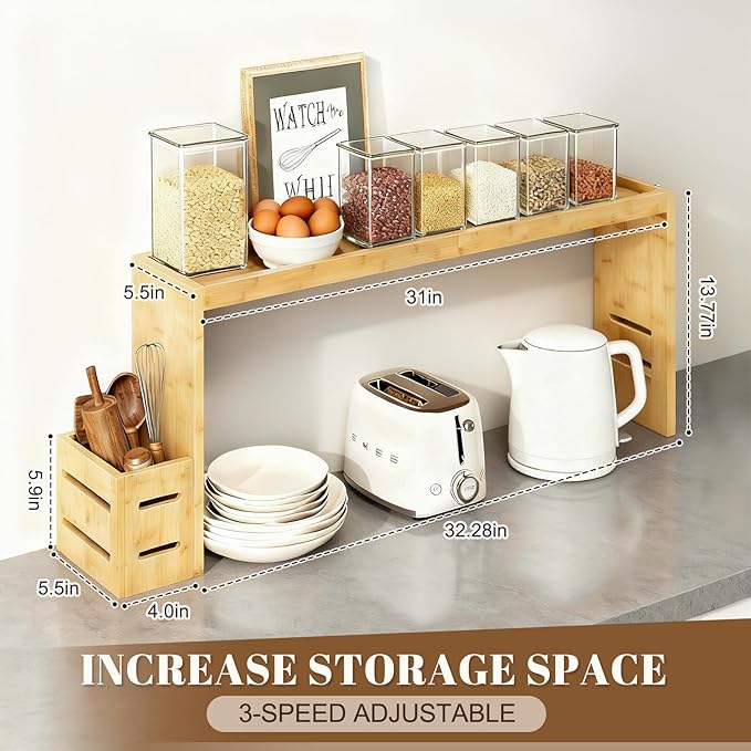 Over The Stove Shelf Wooden,Bamboo Spice Rack for Above the Kitchen Hob,31.5-inch Spice Storage Rack,Height-Adjustable, 50-pound Weight Capacity, Easy to Assemble (Wood colour)