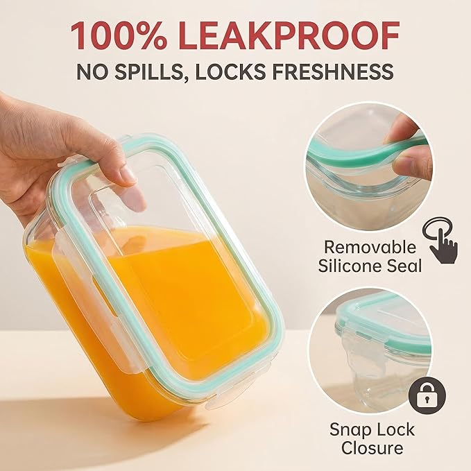 Glass Food Storage Containers, 4 Pack, Airtight Meal Prep Bento Boxes with Leakproof Locking Lids, BPA Free, Microwave, Oven, Freezer and Dishwasher Safe