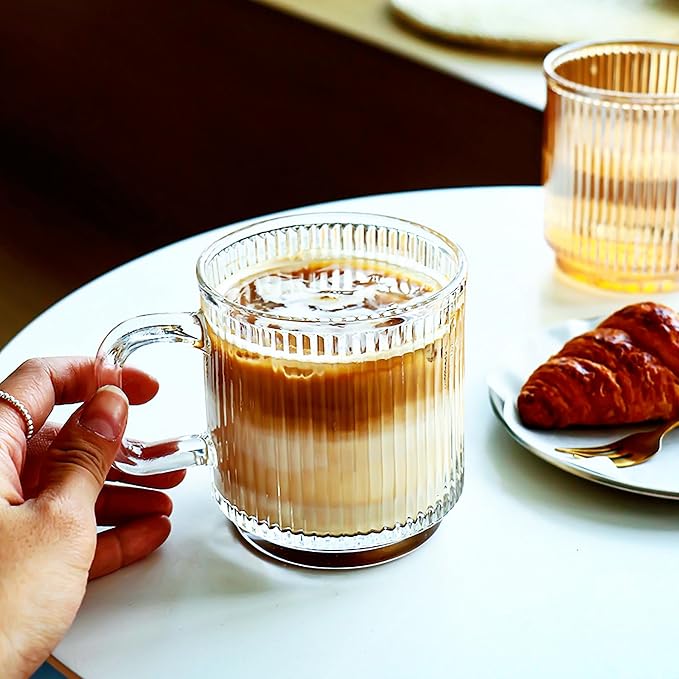 Glass Coffee Mugs 6 Pack - 12 OZ Premium Coffee Cups with Handles - Classic Vertical Stripes Transparent Tea Cup Set for Hot Cold Beverages
