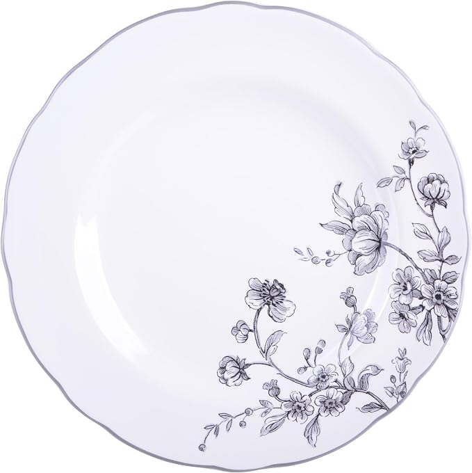 222 Fifth 12-Piece Porcelain Dinnerware Set for 4, White & Black Plates and Bowls Set, Glossy Ceramic Dish Set with Delicate Floral Design, Elegant Kitchen Dishes, Microwave & Dishwasher Safe, Bellamy