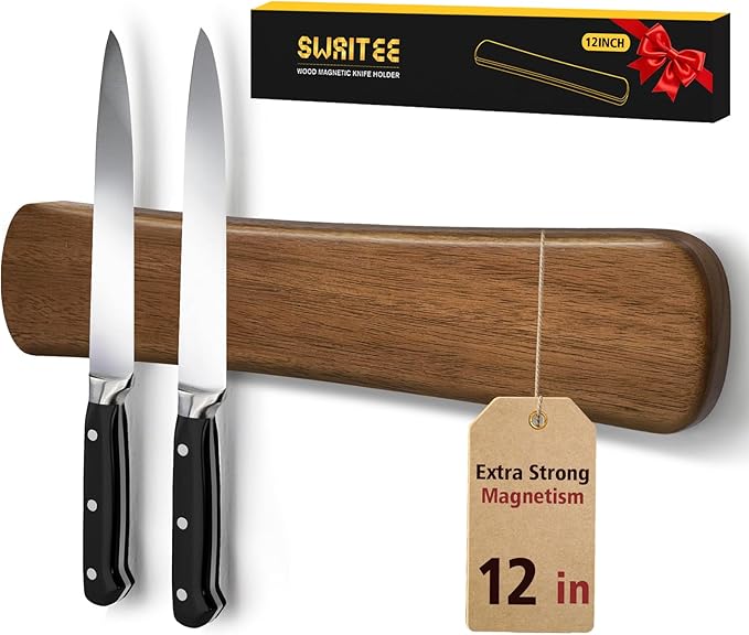 Swaitee Magnetic Knife Holder for Wall, 12 Inch Acacia Wood Magnetic Knife Strip, Kitchen Storage Organizer, Fridge Side Mount, Housewarming Gifts for New Home