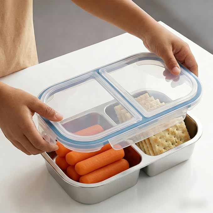 3 Pack Stainless Steel Snack Containers, 2 Compartment Reusable Metal Snack Boxes Containers with Leak-Proof Lids, Compact Lunch Box Food Storage Container