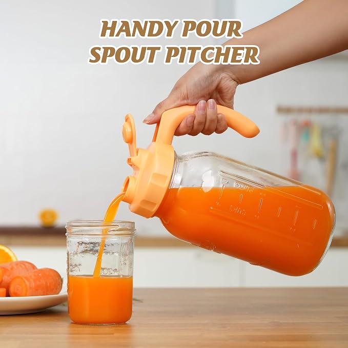 Soligt Glass Mason Jar Pitchers with Lids, Wide Mouth Flip Cap Pour Spout Leak-proof Lid with Handle, 64 oz/2 Quart, for Iced Coffee/Sun Tea Juice/Cold Brew/Milk (2 Pack, Tea Green + Carrot Orange)