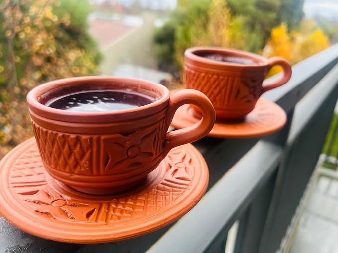 Handmade Tea Cup Set - Limited Edition Gift Set – 2 Terracotta Cups + 2 Saucers – Unique Handmade Gift Box