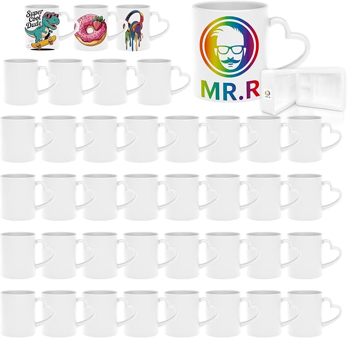 MR.R Set of 48 Sublimation Blanks Dishwasher White Ceramic Coffee Mugs 11oz Blank Ceramic Classic Drinking Cup Mug with Heart Handle for Milk Tea Cola Water