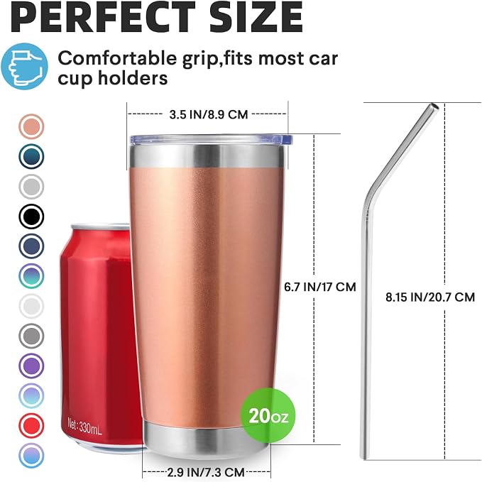 Volhoply 20oz Stainless Steel Tumbler with Lid and Straw Bulk 12 Pack,Double Wall Insulated Travel Iced Coffee Mug Fits Cup Holder,Powder Coated Cups for Cold Drinks,Christmas Gifts（Rose Gold,12 Set）