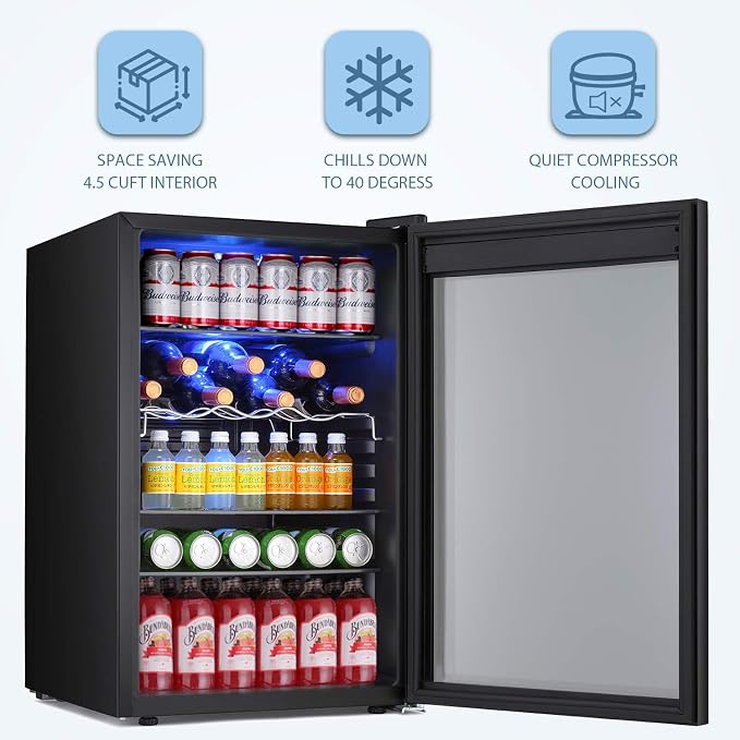 Antarctic Star Beverage Refrigerator -150 Can Mini Fridge for Soda Beer or wine,Small Drink Dispenser, For Office or Bar with Adjustable Removable Shelves，4.5 Cu. Ft. (Black)