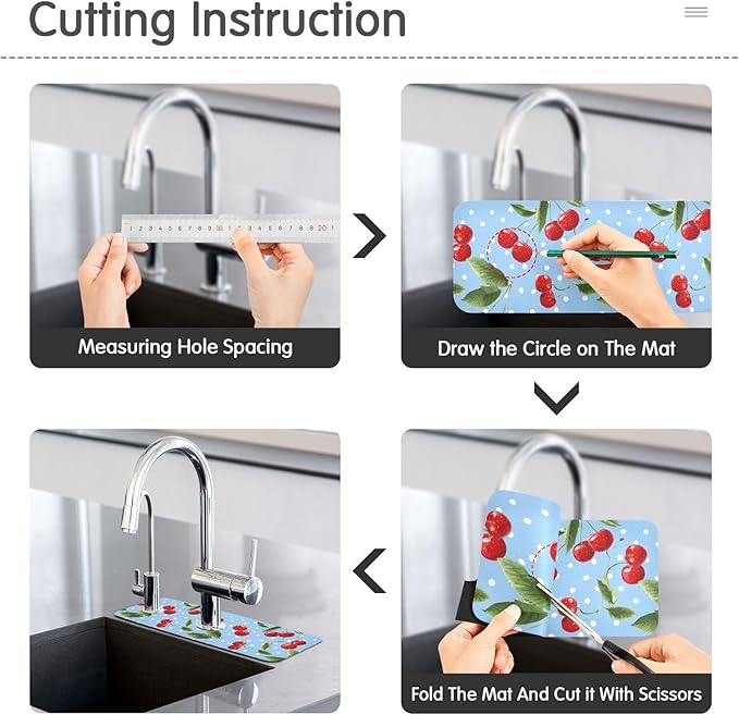 Kitchen Sink Splash Guard 2 PCS 30 Inch Sink Faucet Mat Splash Guard for Bathroom Countertop Water Absorbent Foldable Cuttable Soft Washable Light Blue Dots Red Cherry