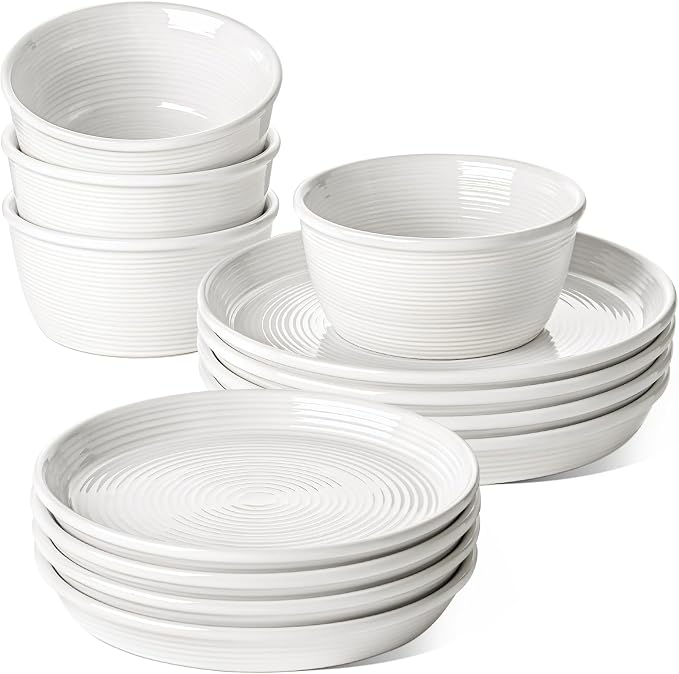 LE TAUCI Ceramic Plates and Bowls Set for 4, 12-Piece Ceramic Dinnerware Set, Farmhouse Dishes Set, Microwave & Dishwasher Safe, Stackable, 10" Dinner+8" Salad Plates+6" Bowls, White
