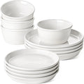 LE TAUCI Ceramic Plates and Bowls Set for 4, 12-Piece Ceramic Dinnerware Set, Farmhouse Dishes Set, Microwave & Dishwasher Safe, Stackable, 10" Dinner+8" Salad Plates+6" Bowls, White