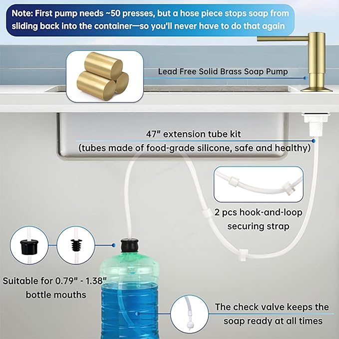 Avola Brushed Gold Kitchen Sink Soap Dispenser or Lotion Dispenser for Kitchen Sink, Brass Countertop Pump Dispenser with 47" Extension Tube Kit&17 OZ PET Bottle, Spot Free Gold Soap Dispensers
