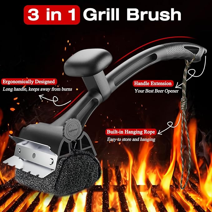 Grill Brush Outdoor Cleaning Tool - 18.5" Long Handle BBQ Accessories Scraper Cleaner Brush with Replaceable Bristle Free Head, Stainless Steel Grates, Gifts for Men/Dad