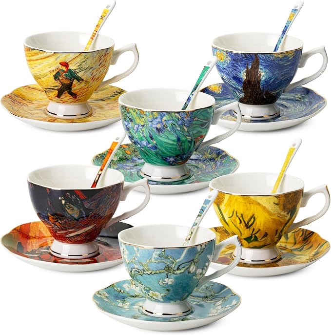 BTaT- Tea Cups and Saucers, Set of 6 with Spoon, 8 oz, Fine Porcelain Teacup Set with Gold Trim for Afternoon Tea, Weddings, Parties & Gifting, Dishwasher Safe, Lightweight, Non-Toxic