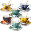 BTaT- Tea Cups and Saucers, Set of 6 with Spoon, 8 oz, Fine Porcelain Teacup Set with Gold Trim for Afternoon Tea, Weddings, Parties & Gifting, Dishwasher Safe, Lightweight, Non-Toxic