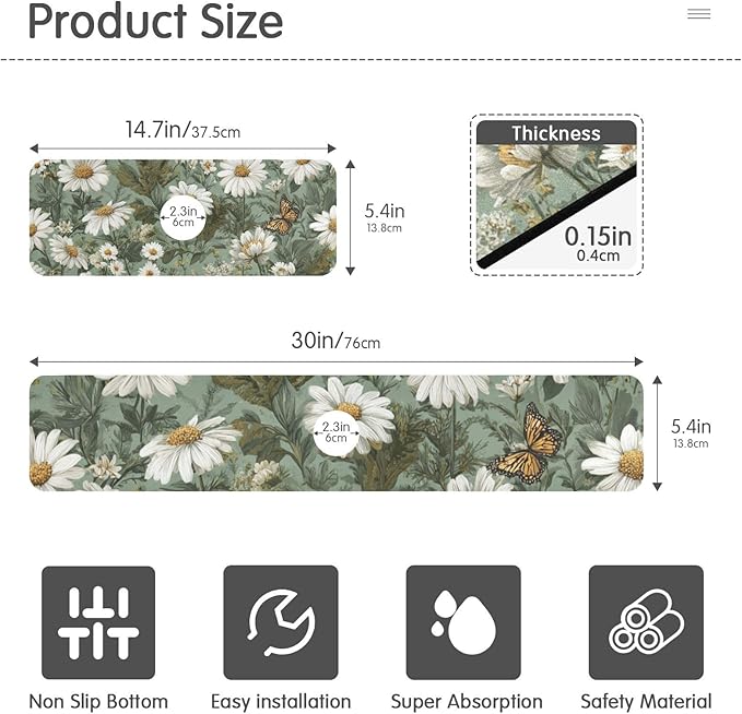 Kitchen Sink Splash Guard 2 PCS 30 Inch Sink Faucet Mat Splash Guard for Bathroom Countertop Water Absorbent Foldable Cuttable Soft Washable Summer Daisy Butterfly Green